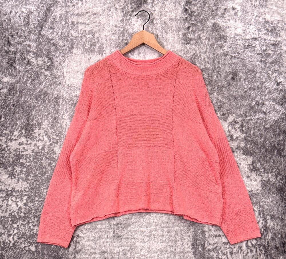 Free People Beach Sweater XS Womens Pink Checkered Cotton Knit Oversized